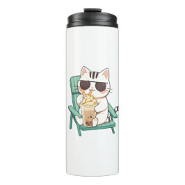 Kawaii Chibi Kat in Zonnebril Drinkend Frappè Thermosbeker