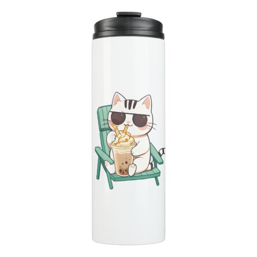 Kawaii Chibi Kat in Zonnebril Drinkend Frappè Thermosbeker (Voorkant)