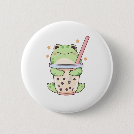 Kawaii Chibi Kikker Knuffelt Bubbeldrank Kop Ronde Button 5,7 Cm (Voorkant)