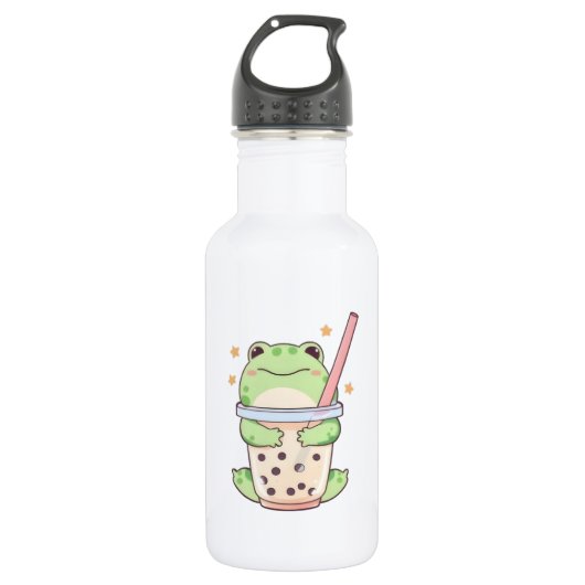 Kawaii Chibi Kikker Knuffelt Bubble Tea Kop Waterfles (Voorkant)