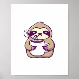 Kawaii Chibi Luiaard met koffiemok � Cute slapende Poster