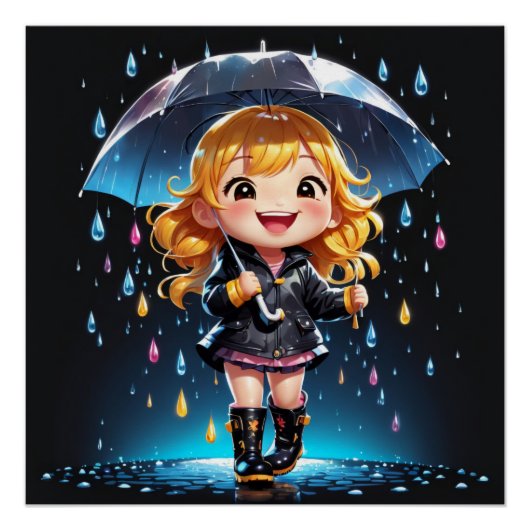 Kawaii Chibi meisje in een vreugdevolle regenachti Perfect Poster (Voorkant)