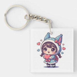 Kawaii Chibi Meisje met Hart Acrylsleutelhanger Sleutelhanger
