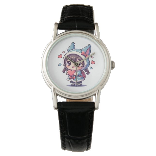 Kawaii Chibi Meisje met Hart Horloge (Voorkant)