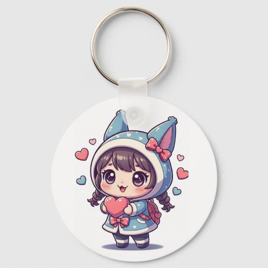 Kawaii Chibi Meisje met Hart Sleutelhanger (Voorkant)