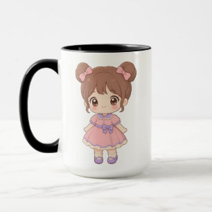 Kawaii Chibi Meisje Twin Buns Roze Jurk Mok Scha