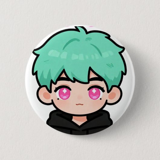 Kawaii Chibi Mint Haar Jongen Knop Speld Ronde Button 5,7 Cm (Voorkant)