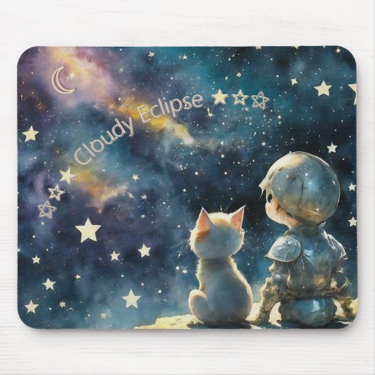 Kawaii Chibi Ridder en Kitten Sterrenhemel Muismat (Voorkant)