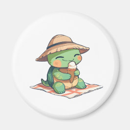 Kawaii Chibi Schildpad in Strohoed Eet Ijs  Magneet