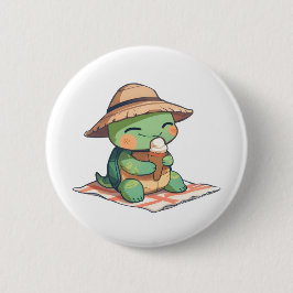 Kawaii Chibi Schildpad in Strohoed Eet Ijs Ronde Button 5,7 Cm