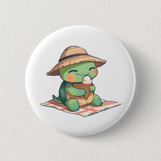 Kawaii Chibi Schildpad in Strohoed Eet Ijs Ronde Button 5,7 Cm (Voorkant)