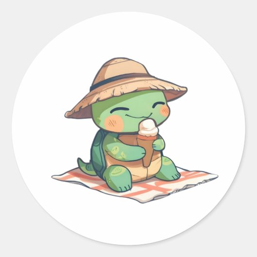 Kawaii Chibi Schildpad in Strohoed Eet Ijs Ronde Sticker (Voorkant)