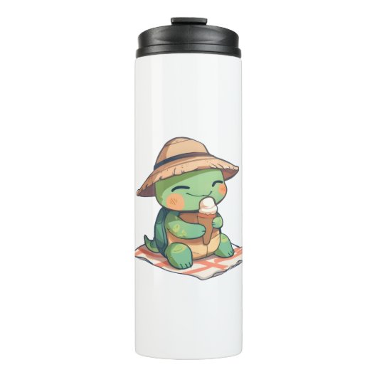 Kawaii Chibi Schildpad in Strohoed Eet Ijs Thermosbeker (Voorkant)