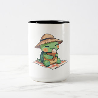 Kawaii Chibi Schildpad in Strohoed Eet Ijs  Tweekleurige Koffiemok