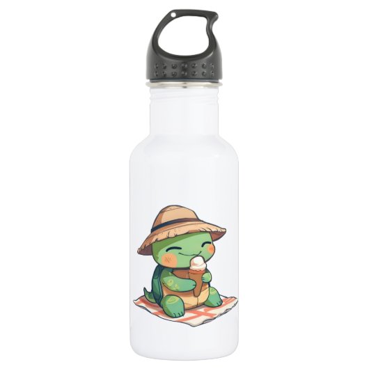 Kawaii Chibi Schildpad in Strohoed Eet Ijsje  Waterfles (Voorkant)