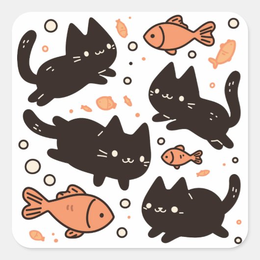 Kawaii Chibi zwarte kat patroon met goudvis Vierkante Sticker (Voorkant)