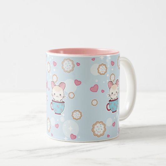 Kawaii Chinchilla in Teacup met koekjes en hart Tweekleurige Koffiemok (Voorkant rechts)