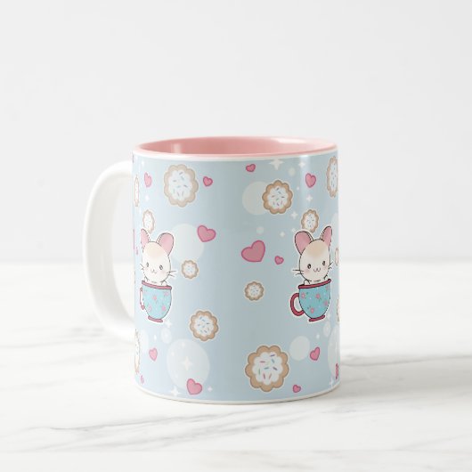 Kawaii Chinchilla in Teacup met koekjes en hart Tweekleurige Koffiemok (Voorkant links)