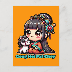 Kawaii Chinees Nieuwjaar paard en meisje Briefkaart