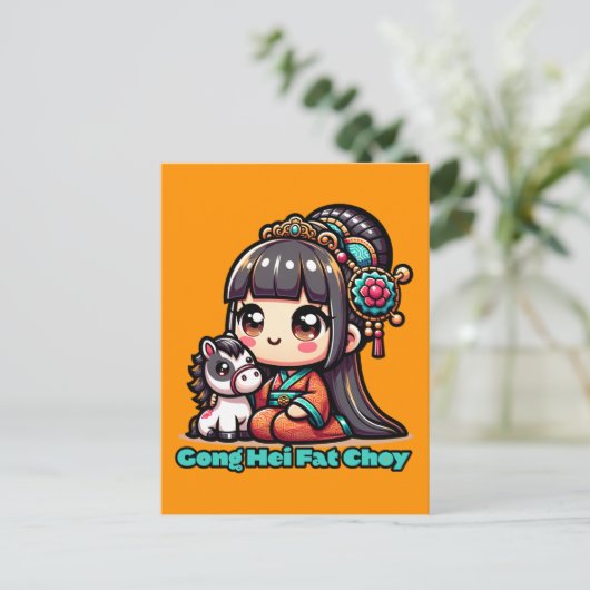 Kawaii Chinees Nieuwjaar paard en meisje Briefkaart (Staand voorkant)