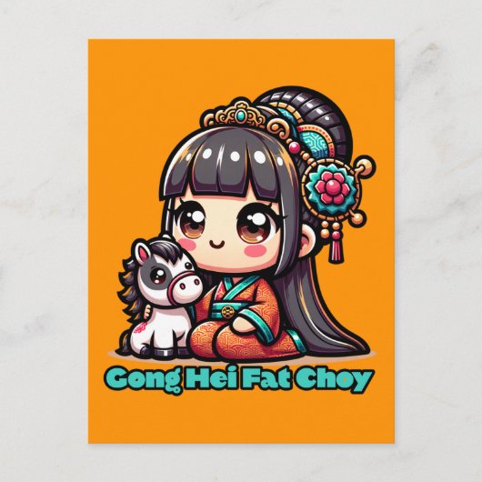 Kawaii Chinees Nieuwjaar paard en meisje Briefkaart (Voorkant)