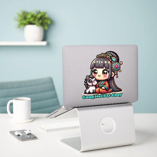 Kawaii Chinees Nieuwjaar paard en meisje Sticker (Laptop op bureau)