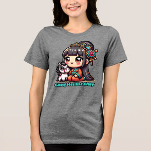 Kawaii Chinees Nieuwjaar paard en meisje Tri-Blend Shirt