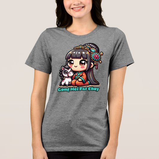 Kawaii Chinees Nieuwjaar paard en meisje Tri-Blend Shirt (Voorkant)