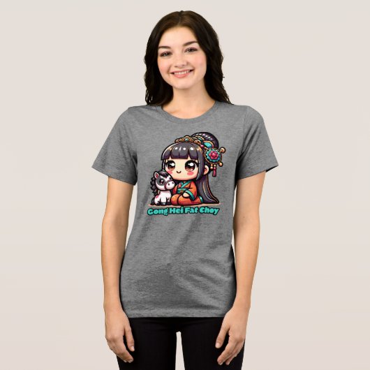 Kawaii Chinees Nieuwjaar paard en meisje Tri-Blend Shirt (Voorkant volledig)