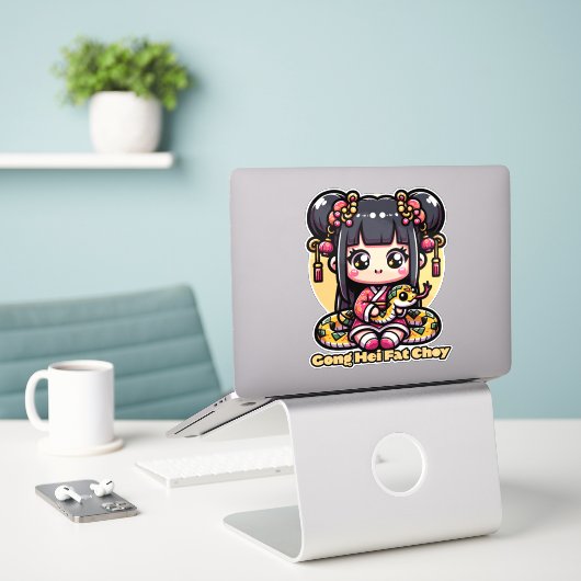 Kawaii Chinees Nieuwjaar Slang en Meisje Sticker (Laptop op bureau)