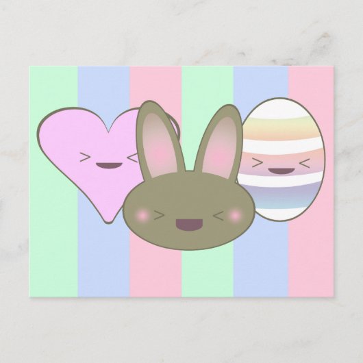 Kawaii chocolade paashaas, ei en hart feestdagenkaart (Voorkant)