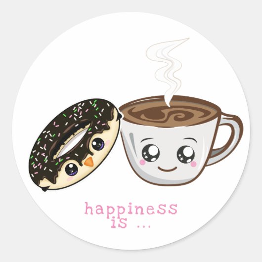 kawaii chocoladedoughnut en warme koffie ronde sticker (Voorkant)