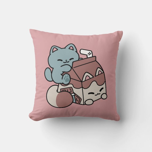 Kawaii Chocolademelk Kat – Cozy Drank & Schattighe Kussen (Voorkant)
