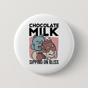 Kawaii Chocolademelk Kat – Cozy Drank & Schattighe Ronde Button 5,7 Cm