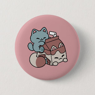 Kawaii Chocolademelk Kat – Cozy Drank & Schattighe Ronde Button 5,7 Cm