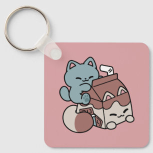 Kawaii Chocolademelk Kat – Cozy Drank & Schattighe Sleutelhanger