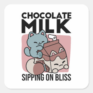 Kawaii Chocolademelk Kat – Cozy Drank & Schattighe Vierkante Sticker