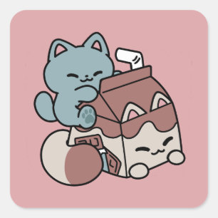 Kawaii Chocolademelk Kat – Cozy Drank & Schattighe Vierkante Sticker