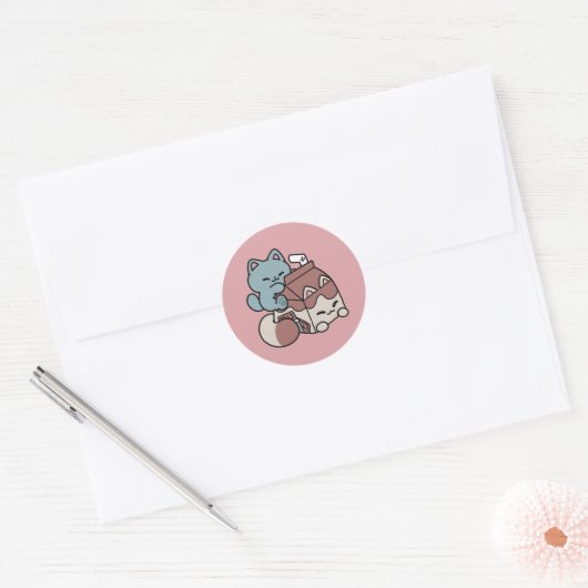 Kawaii Chocolate Milk Cat – Cozy Drink & Cuteness  Ronde Sticker (Envelop)