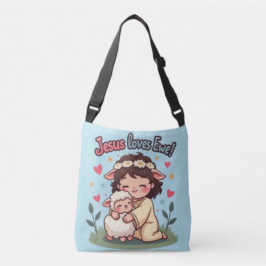 Kawaii Christelijk "Jesus Loves Ewe" Pastelontwerp Crossbody Tas (Voorkant)