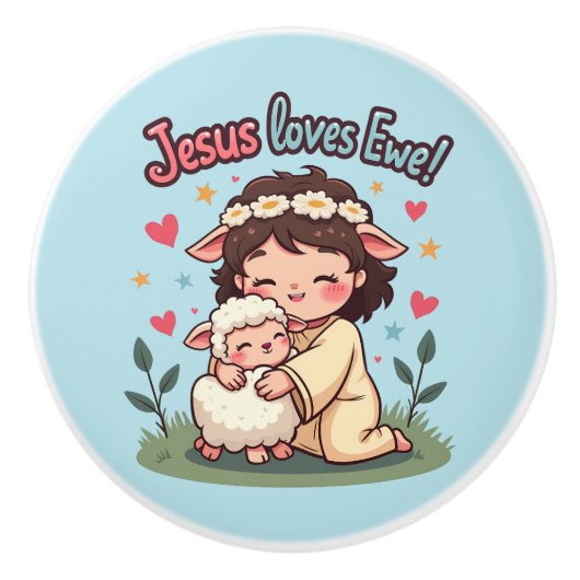 Kawaii Christelijk "Jesus Loves Ewe" Pastelontwerp Keramische Knop (Voorkant)