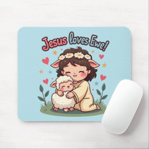 Kawaii Christelijk "Jesus Loves Ewe" Pastelontwerp Muismat