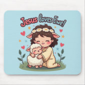 Kawaii Christelijk "Jesus Loves Ewe" Pastelontwerp Muismat (Voorkant)