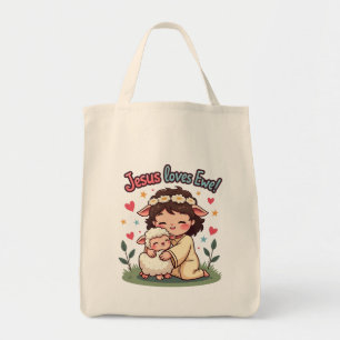 Kawaii Christelijk "Jesus Loves Ewe" Pastelontwerp Tote Bag
