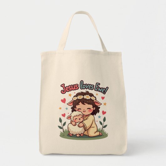 Kawaii Christelijk "Jesus Loves Ewe" Pastelontwerp Tote Bag (Voorkant)