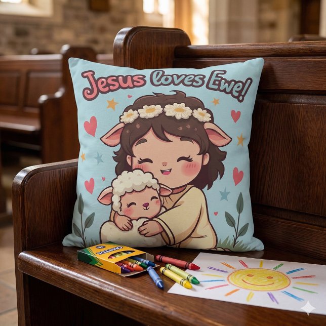 Kawaii Christelijke "Jezus Houdt van Schaap" Paste Kussen (Kawaii Christian Jesus Loves Ewe Pastel Design Throw Pillow Mockup A)