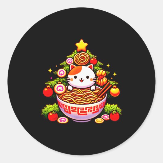 Kawaii Christmas Cat Ramen Christmas Tree Holiday  Ronde Sticker (Voorkant)