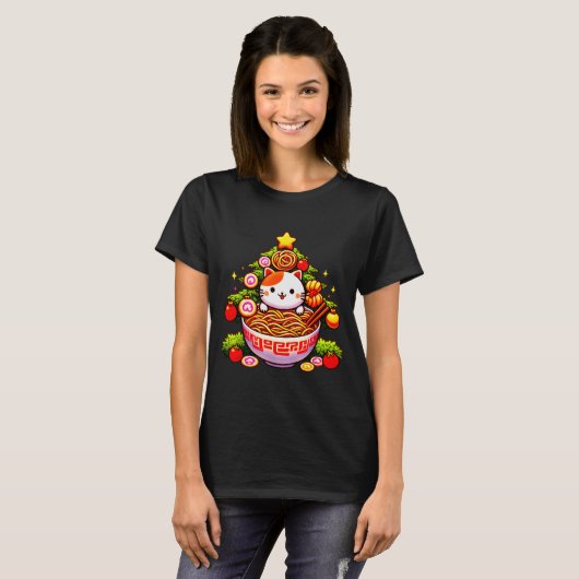 Kawaii Christmas Cat Ramen Christmas Tree Holiday T-shirt (Voorkant volledig)