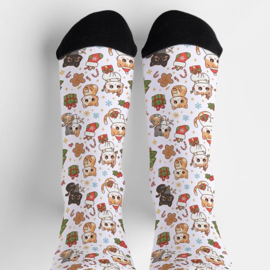 Kawaii Christmas Cats Holiday Pattern Crew Socks Sokken (Top)
