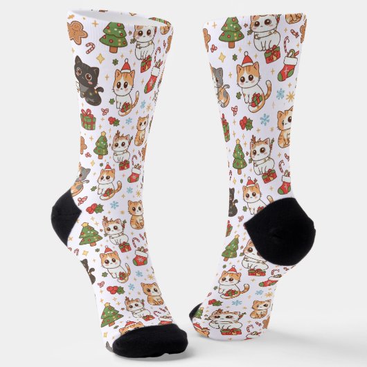 Kawaii Christmas Cats Holiday Pattern Crew Socks Sokken (Gebogen)